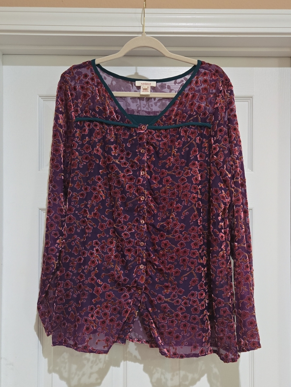 Sundance Purple Velvet Floral Button Up Blouse Size L